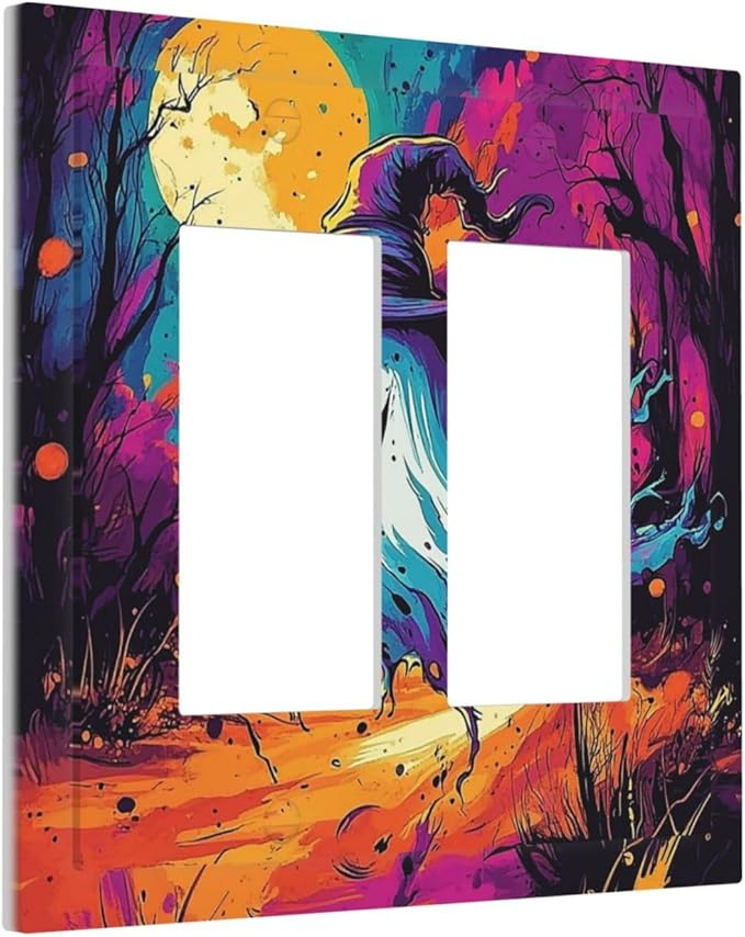 Decorative Outlet Covers Ghost Colorful Forest Moon Dead Tree 2 Gang Double Gfci Rocker Electrical Wall Panels Light Switch Cover Plate For Nursery Kids Room Decor