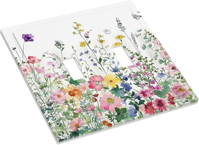 Decorative Switch Plates Boho Colorful Flowers Plant Rustic Wildflower 2 Gang Double Toggle Outlet Light Switch Cover Wall Plate Electrical Faceplate for Bed Room Bathroom Decor