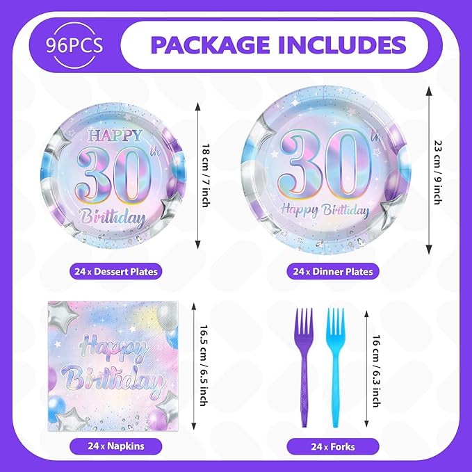 Grencian 96Pcs 30th Birthday Decorations Iridescent 30th Birthday Party Plates Disposable 350GSM Sweet 30 Years Paper Tableware Set for Women 30 Years Old Party Supplies Serves 24