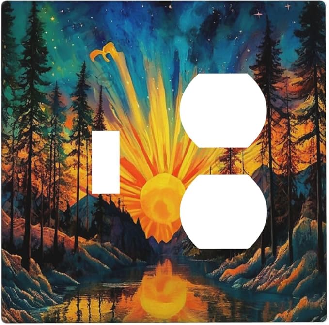 Light Switch Cover Plate Vintage Forest Sun Boho Mountain Starry Sky 2 Gang Decorative Switch Plates 1 Toggle Duplex Combo Outlet Covers GFCI Wall Plates for Bathroom Bedroom Decor