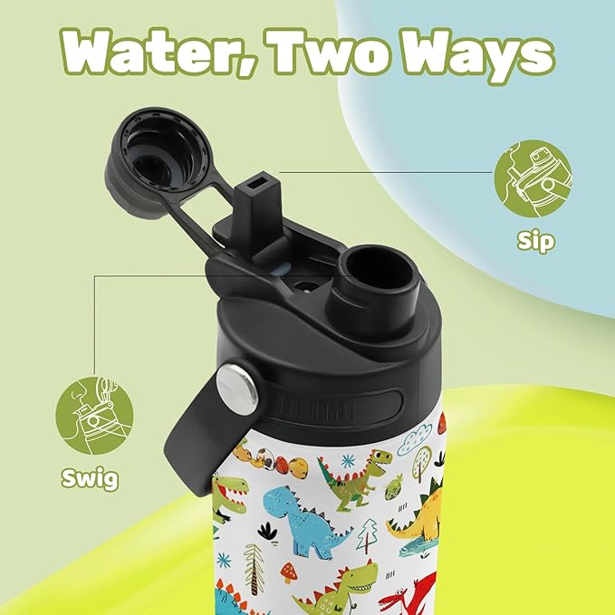 Insulated Water Bottle 18oz, Dinosaur Water Bottle with 2-in-1 Straw and Spout Lid, White Dinosaur Cup Leakproof, Cute Dinosaurs Cup for Dinosaurs Lover, Birthday Gift Ideal for Women Man