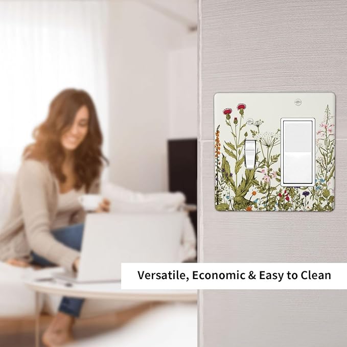 Country Vintage Wild Flowers Floral 2 Gang Single Toggle/Rocker Combination Light Switch Cover Decorative Combo Wall Plate Cover Electrical Faceplate Room Decor