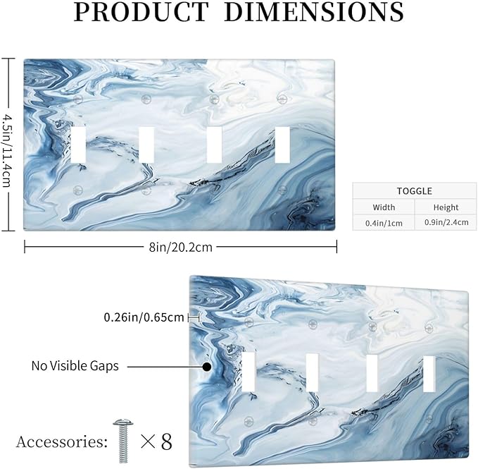 Blue Marble Abstract Ombre Chic Luxury Print Light Switch Covers Quad Toggle Electrical Faceplate 4 Gang Wall Plate Decorative Switch Plates Cover for Bathroom Living Room Decor