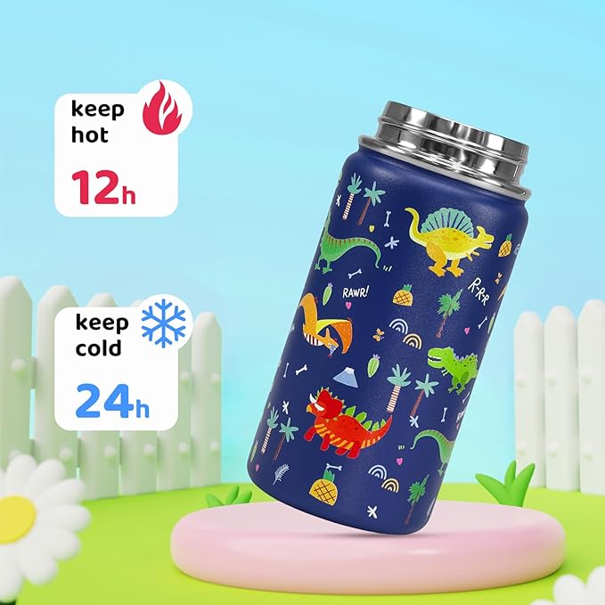 Dinosaur Kids Water Bottle With Straw Lid,14 oz Stainless Steel Travel Bottle,Double Wall Leak Proof Kids Cup,Insulated Tumbler for Toddlers,Metal Bottle for School Boys Girls