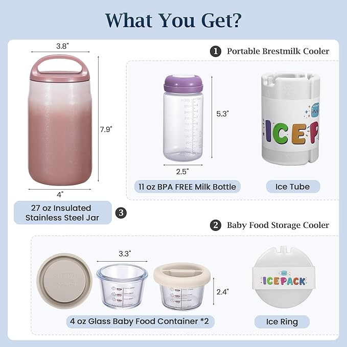 3-in-1 Breast Milk Cooler for 24H 360° Cooling, 11oz Breastmilk Chiller with Bottle & 8oz Baby Food Containers & 27oz Insulated Food Jar, Fits from Baby to Adult for Outdoor, Work & Travel - Berry