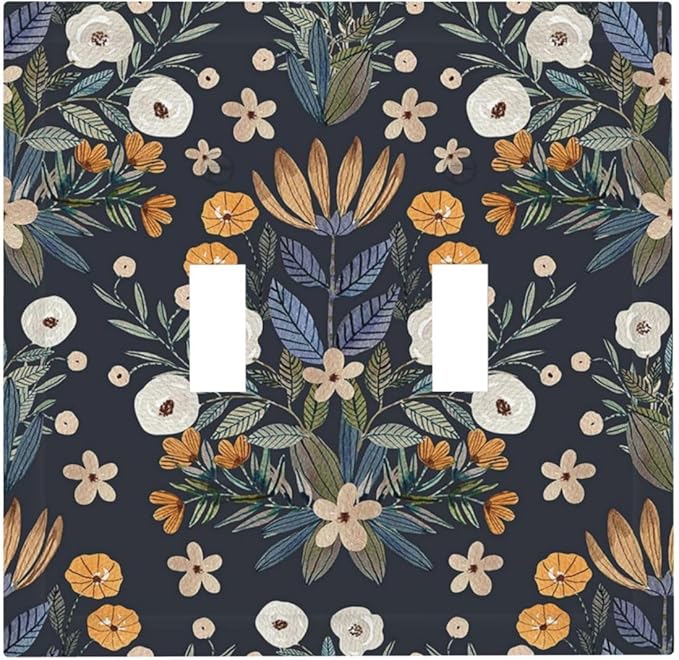 Boho Leaf Floral Navy Blue Background Double Toggle Light Switch Covers 2 Gang Wall Plate Dual Decorative Switchplate Electrical Faceplate for Farmhouse Country Bedroom Bedroom Decor