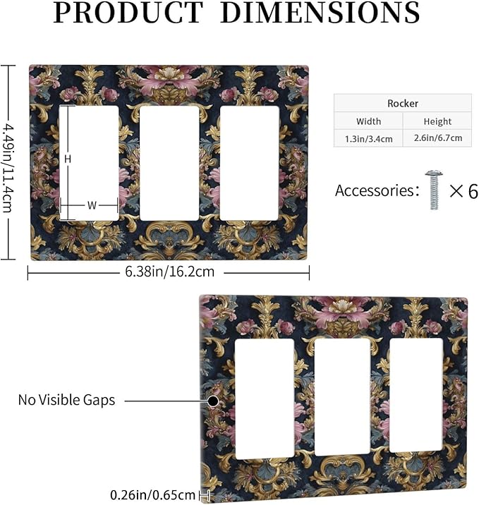 Decorative Outlet Covers Rococo Pink Floral Flower Gold Leaf 3 Gang Light Switch Cover Plate Triple Rocker Wall Plates for Electrical Outlets Switch Plate Covers for Bedroom Home Decor