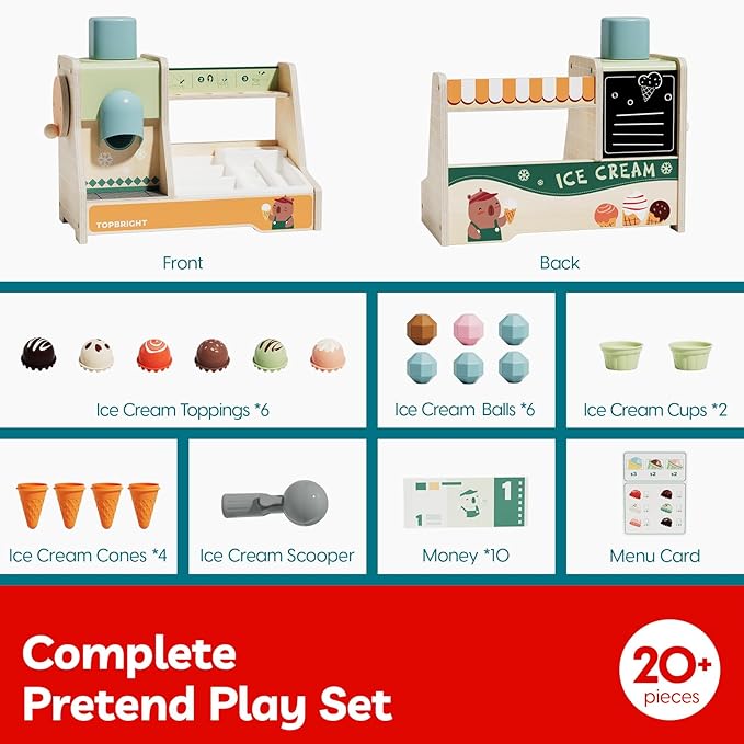 TOP BRIGHT Wooden Ice Cream Pretend Play Toys, Play Kitchen Set for Kids with Ice Cream Counter & Scoop & Menu, Montessori Toys for Boys Girls Capybara Gift Age 3+