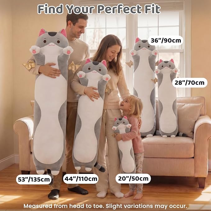 Mewaii 20” Long Cat Plush 5 Sizes, 120% Extra Filling Giant Plushness Kids Body Pillow, Kawaii Cute Grey Cat Stuffed Animals Plushies, Big Long Body Pillow Cat Plush Gift for Girls 20”
