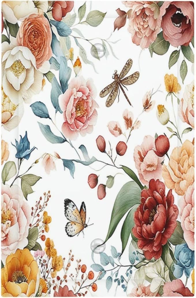 Rustic Style Colorful Peony Butterfly Dragonfly Light Switch Cover Plate 1 Gang Electrical Wall Plates Faceplate Decorative Switch Plate No Device Blank for Bedroom Living Room Decor