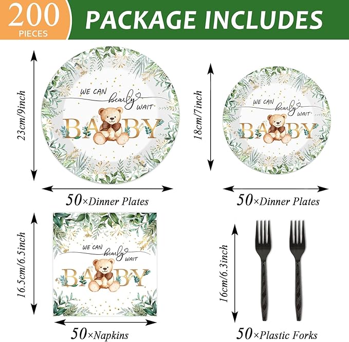 Naozinebi 200PCS Sage Green Bear Baby Shower Decoration Teddy Plates Napkins We Can Bearly Wait Paper Plates Greenery Bear Party Tableware Set for Gender Reveal Neutral Party Decor Supplies Serves 50