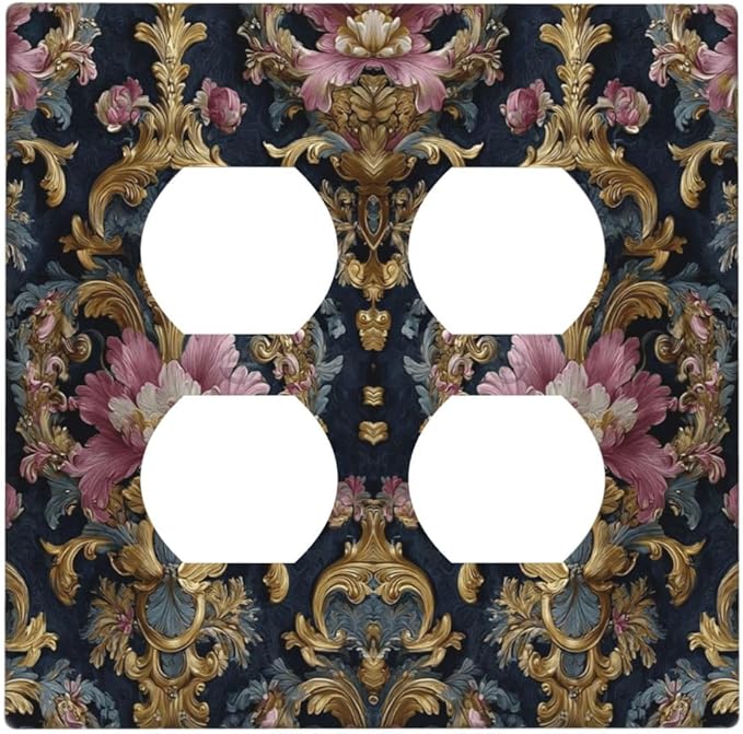 Decorative Outlet Covers Rococo Pink Floral Flower Gold Leaf 2 Gang Light Switch Cover Plate Double Duplex Wall Plates for Electrical Outlets Switch Plate Covers for Bedroom Home Decor