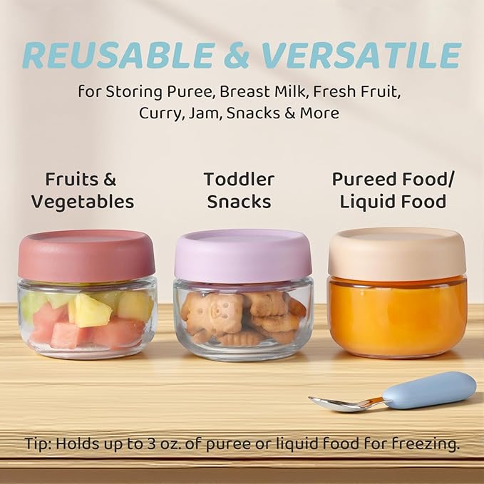 Glass Baby Food Storage Containers, Baby Food Jars, 6 Pack Small Glass Containers with Lids, 4 oz Leakproof Baby Food Storage Containers, BPA Free Microwave/Freezer/Dishwasher Safe, Kids Spoon Fork