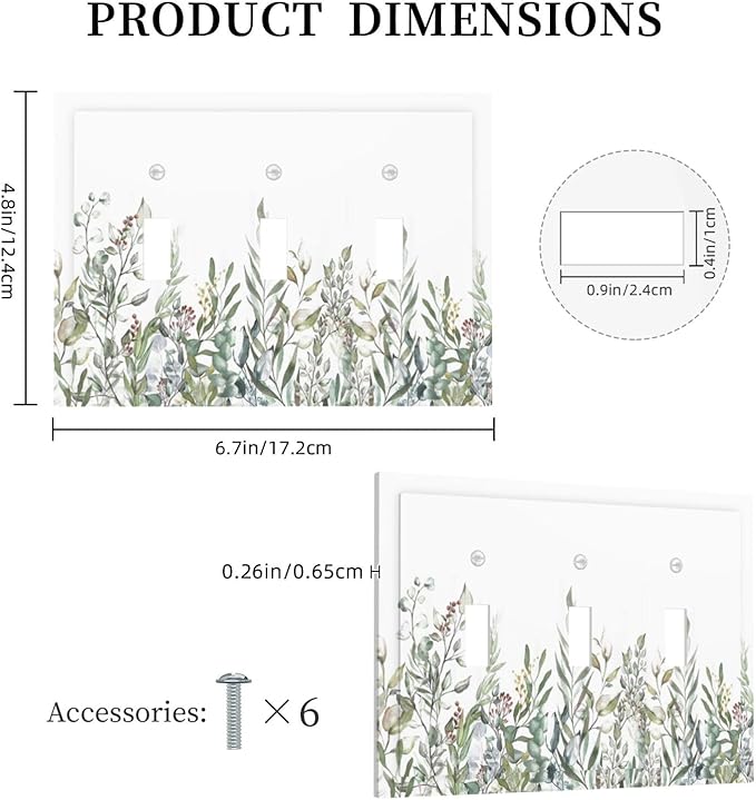 Wildflower Garden Rustic Green Leaf Floral Decorative Switch Plates 3 Gang Wall Plate Triple Toggle Light Switch Cover Faceplate Electrical Wall Panels for Bed Room Living Room Decor