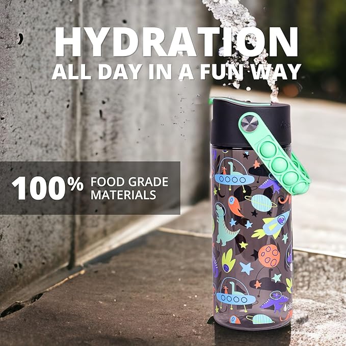 Elemental Water Bottles for Kids - Splash Kids Water Bottle for School with Pop-it Handle - BPA Free Tritan Plastic Water Bottle with Straw Leak Proof when Spout is Closed - Space Dinosaur - 18oz