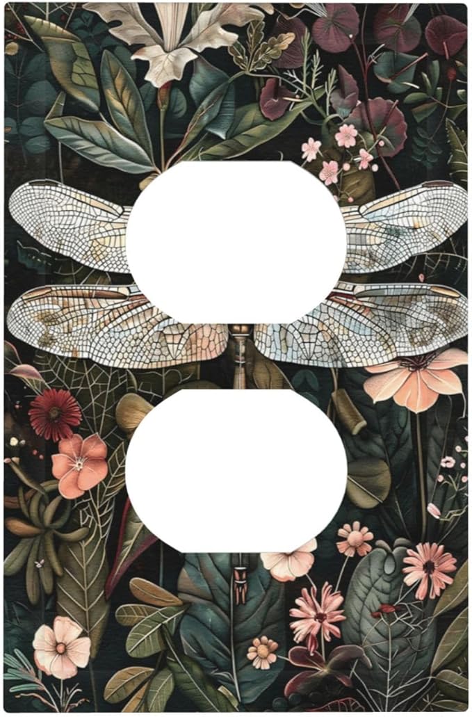 Vintage Dark Green Dragonfly Flowers Floral Botanical Outlet Covers 1 Gang Duplex Light Switch Cover Decorative Switch Plates Electrical Receptacle Faceplate Wall Plate for Farmhouse Home Decor