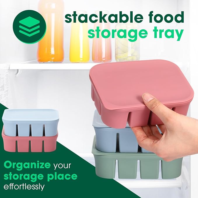 Mimorou 3 Pack Baby Food Freezer Tray with Lids 2.8 oz x 12 Cups Silicone Baby Food Storage Container Ice Cube Freezer Molds for Homemade Vegetable Fruit Purees Snack(12 Cups,Green, Blue, Red)
