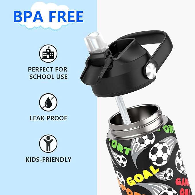 Kids Water Bottle with Straw,18 oz Boys Insulated Cups with Stainless Steel Leak Proof for School,Sport&Travel（Soccer）