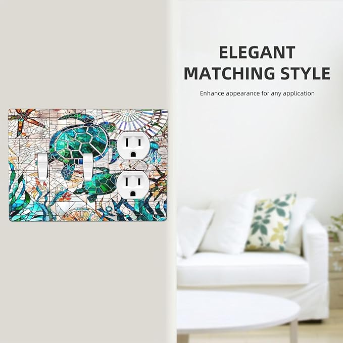 Beach Sea Turtle Ocean Theme 3-Gang 2-Toggle 1-Duplex Receptacle Combination Light Switch Decorative Triple Combo Device Switches/Rocker Outlet Covers and Wall Plate