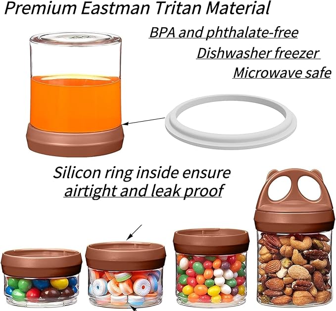 SELEWARE Portable Stackable Food Storage Containers for Snacks Formula Powder and Drinks Twist Lock System Airtight Leak-proof BPA and Phthalate Free 4 Piece Jars 31oz Brown