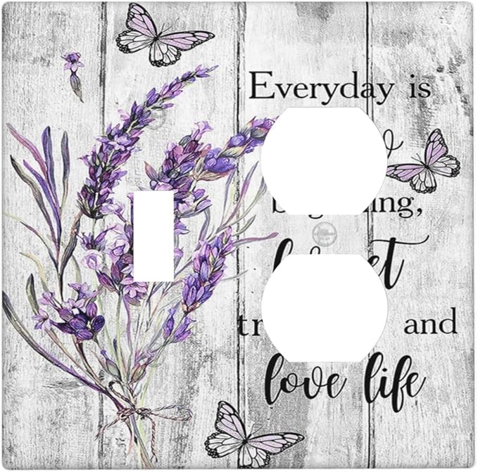 Decorative Outlet Covers Lavender Flower Purple Floral Butterfly on Plank Inspirational quotation 2 Gang Wall Plate Single Toggle Duplex Light Switch Cover Switch Plate Covers Faceplate