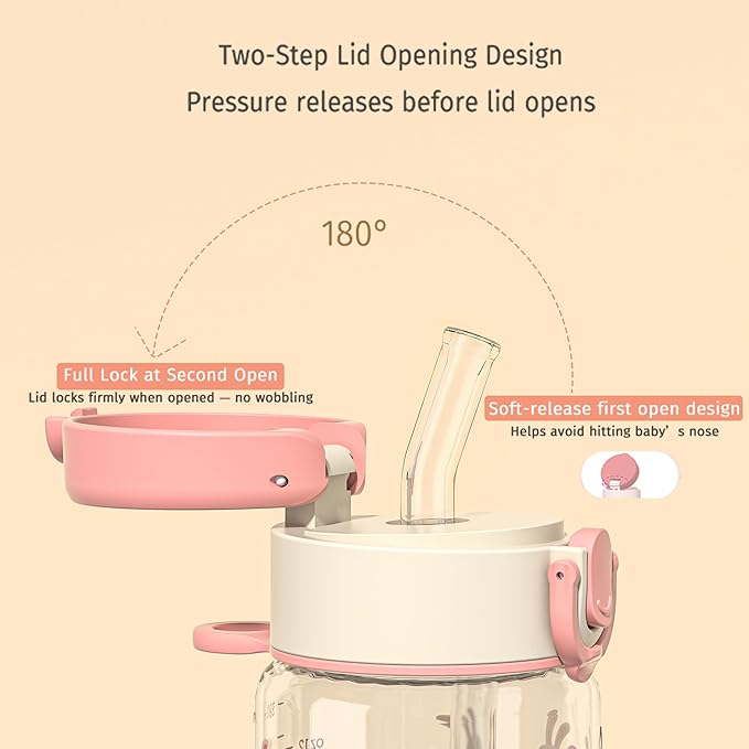 Evorie Tritan Kids Water Bottle with Straw, 13oz BPA-Free Leak Proof Drinking Bottle for School & Travel, Clear Water Bottle with Carry Strap, Dishwasher Safe, for Kids Ages 3+ (Pink Rabbit)
