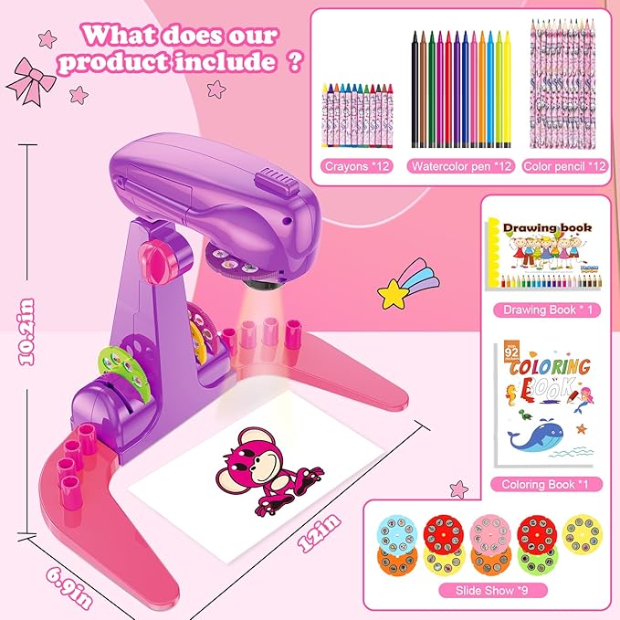 Sumsoltic Drawing Projector for Kids,Art and Craft Kit, Including Colored Pencils, Crayons, Coloring Books, Toys for 3+ Year Old Girls (Pink Drawing Kit v1)