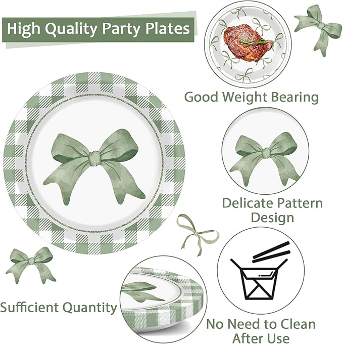 CHUNNIN 96Pcs Green Plaid Bow Spring Plates and Napkins Party Decorations Bow Theme Dessert Paper Plates Napkins Birthday Tableware Set for 24 Guests Girls Baby Shower Picnic BBQ Party Suppliess