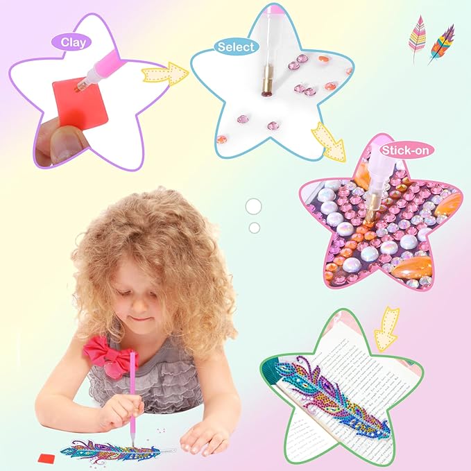 YiConfety Diamond Painting Kits, Kids Diamond Art Gift, Gem Art Kits for Girls Birthday, Arts and Crafts for Kids Ages 6 8 10 (Feather)