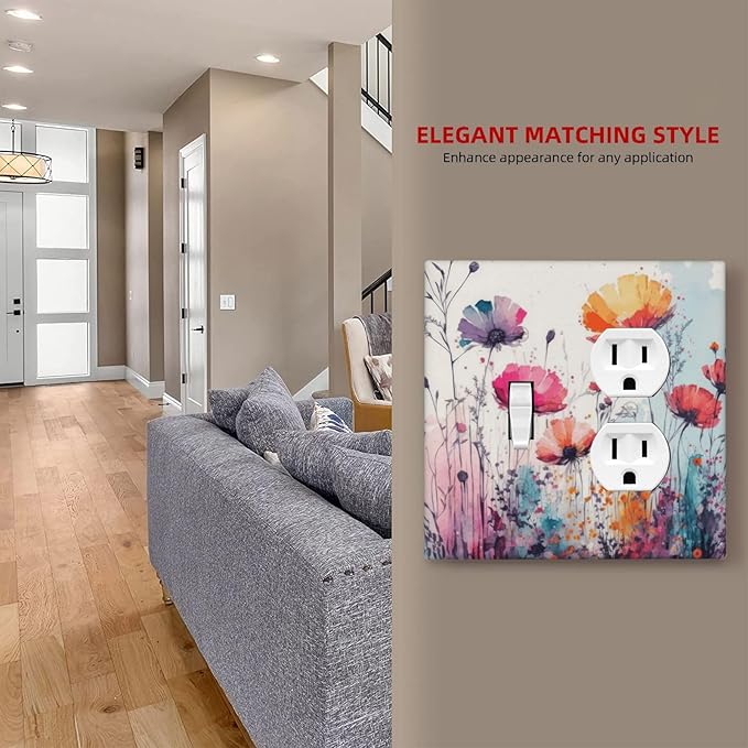 Decorative Outlet Covers Colorful Watercolor Wildflowers Elegant Painting Floral 2 Gang Wall Plate Single Toggle Duplex Light Switch Cover Switch Plate Covers Faceplate for Bedroom Decor
