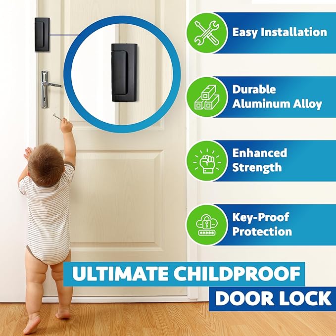 Dwell+Good Door Locks (2-Pack) - Easy To Install Aluminum Home Security Door Locks for Front Door - Child Proof Door Lock for Kids Safety - Withstand 800 lb of Force & Tamper Proof Top Door Lock Latch