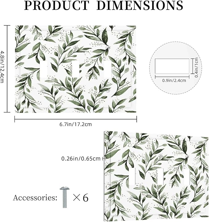 Green Leaf Olive Leaf Sage Floral Decorative Switch Plates 3 Gang Wall Plate Triple Toggle Light Switch Cover Faceplate Electrical Wall Panels for Bedroom Living Room Decor