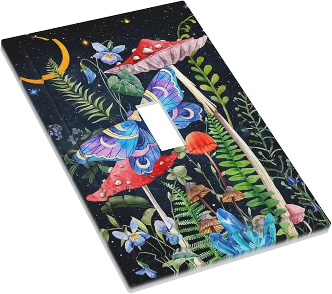 Gothic Moth Mushroom 1-Gang Outlet Light Switch Cover Decorative Single Toggle Face Wall Plate Starry Moon Floral Night Butterfly Boho Aesthetic Art Botanical Electrical Receptacle Cover Midway Size