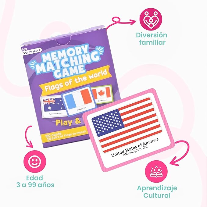 Menique Flags of The World Memory Matching Game – 100 Cards, 50 Countries to Match – Educational & Fun for Kids and Adults – Color-Coded by Continent – Learn Flags, Capitals, and Geography