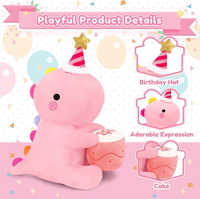 SQEQE Dinosaur Stuffed Animal, Cute Dinosaur Plush Toys with Cake, Dino Plushies Anniversary Birthday Gift for Her Girls Boys Boyfriend Girlfriend(Pink,12 inch)