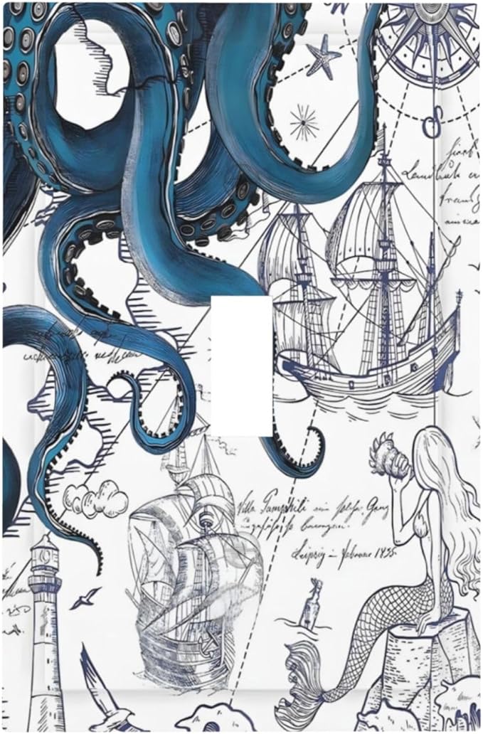 Nautical Vintage Map Octopus Mermaid Lighthouse Boat Decorative Light Switch Cover 1 Gang Single Toggle Device Electrical Faceplate Switchplates Decorator Outlet Wall Plate for Bathroom Kids Room