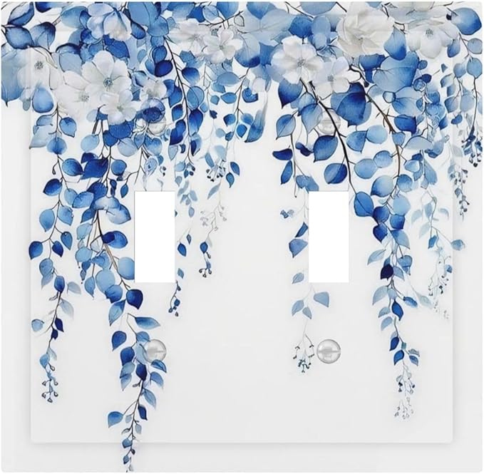 Blue Eucalyptus Leaves Floral Vine Flower Decorative Switch Plates 2 Gang Double Toggle Outlet Light Switch Cover Wall Plate Electrical Faceplate for Bedroom Living Room Decor