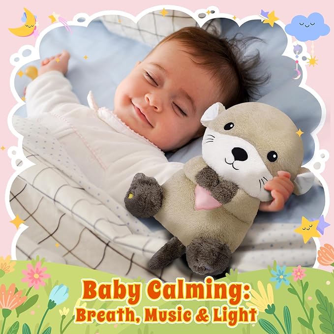 BRICHOEE Breathing Stuffed Animal, Soothing Otter Stuffed Animal with Breathing Motion, Calming Sound and Light for Baby Sleep Companion Portable Plush Toy Gifts for Kids Adults Newborns