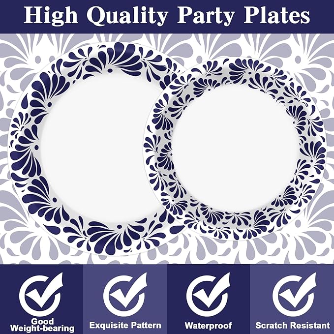96 Pcs De Barro Mexican Talavera Paper Plates and Napkins Party Supplies White Blue Floral Clay Disposable Tableware Set Talavera Party Decorations for Fiesta Wedding Baby Shower Favors for Serves 24