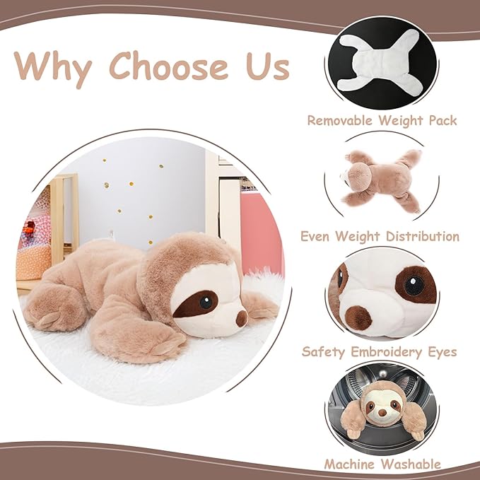WEIGEDU Large Weighted Sloth Stuffed Animal Plush Toy with Embroidered Eyes and Removable Weight Pack - 28 Inches, 5 lb for Kids and Adults