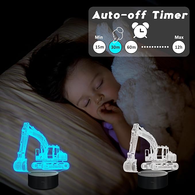 CoolGift Mart Excavator 3D Night Light, 3D LED Optical Illusion Lamp with Remote Control and Timer, Perfect Christmas and Birthday Gift Idea for Boys, Kids, and Teens