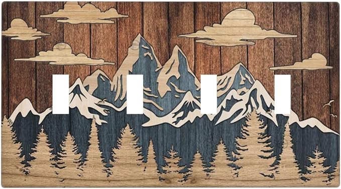 Blue Mountain Range Forest Nature Wilderness Wood Texture Light Switch Covers Quad Toggle Electrical Faceplate 4 Gang Wall Plate Decorative Switch Plates Cover for Farmhouse Home Decor