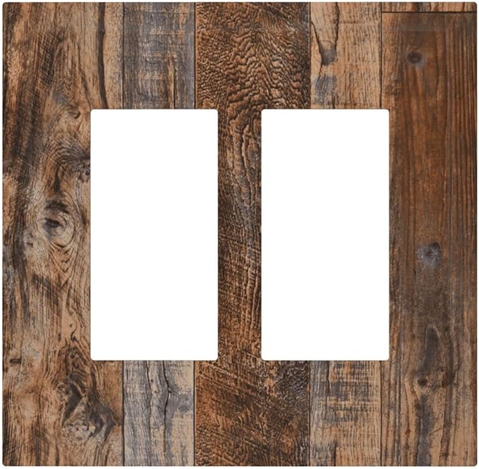 Vintage Board Rustic Brown Wood Texture Decorative Outlet Covers 2 Gang Double GFCI Rocker Electrical Wall Panels Light Switch Cover Plate for Farmhouse Home Decor