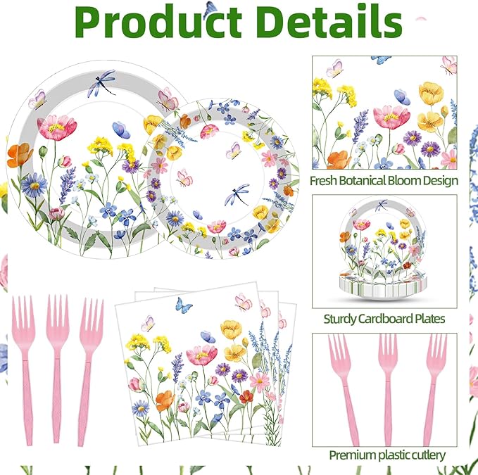 100 Pcs Spring Floral Party Supplies Set, Serves 25 – Disposable Flower Paper Plates, Napkins, and Forks, Garden Bloom Themed Tableware for Picnic, Tea Party, Birthday, and Mother’s Day Decorations
