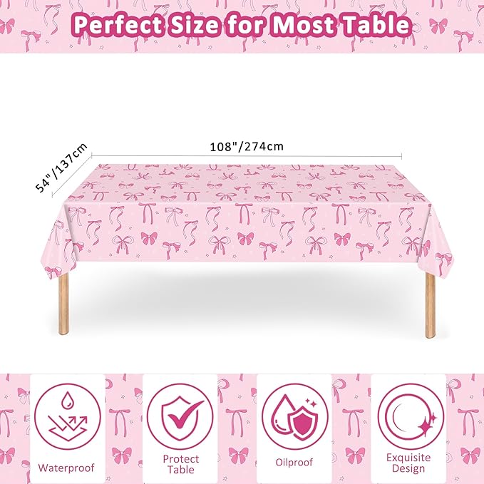 Pink Bow Party Plates and Napkins Supplies - 25 Disposable Plates, 25 Dessert Plates, 25 Napkins, 25 Forks & 1 Tablecloth for Birthday, Baby Shower, Bridal Shower