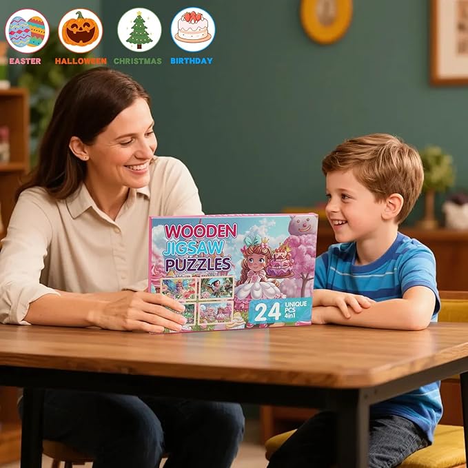 4 Sets of Wooden Puzzles, Each Set has 24 Pieces, Including Castle Unicorn Princess, for Toddlers 3-5, Puzzles for Kids Ages 4-6, Preschool Educational Brain Teaser Toys for Girls 3 4 5 6 Years Old.