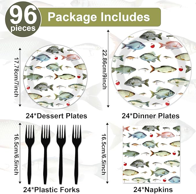 96Pcs Gone Fishing Party Plates and Napkins Fishing Themed Birthday Party Supplies for Little Fisherman Paper Dessert Plates Gone Fishing Tableware for 24 Guests for Ofishally One Party Decorations