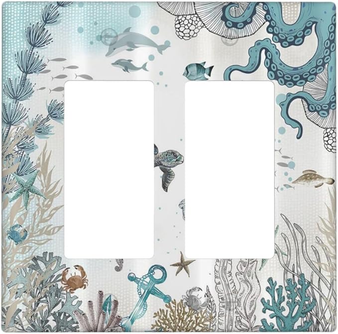 Sea Turtle Octopus Ocean Underwater Animal 2 Gang Rocker Decora Light Switch Covers Decorative Unique Dual Outlet Covers Wall Plate Electrical Faceplate Switchplate GFCI for Bedroom Bathroom Decor