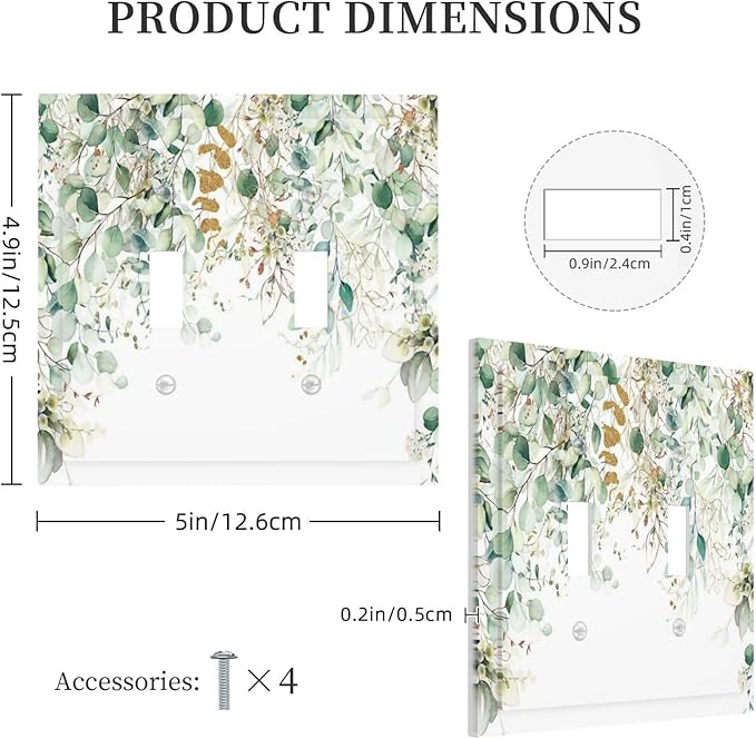 Gold Green Eucalyptus Leaves Plants Flowers Floral Decorative Switch Plates 2 Gang Double Toggle Outlet Light Switch Cover Wall Plate Electrical Faceplate for Bedroom Living Room Decor