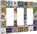 Yellow/Blue Mexican Tile Decorative Rocker GFCI Light Switch Cover 3-Gang Electrical Triple Decorator Wall Plate Kitchen Boho Mandala Floral Moroccan Tiles Switches Faceplate Cover Dimmer Screwless